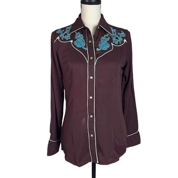 Wrangler VINTAGE 90's  Button Down Rodeo Cowgirl Shirt Long Sleeve Brown Blue XS - Picture 1 of 13